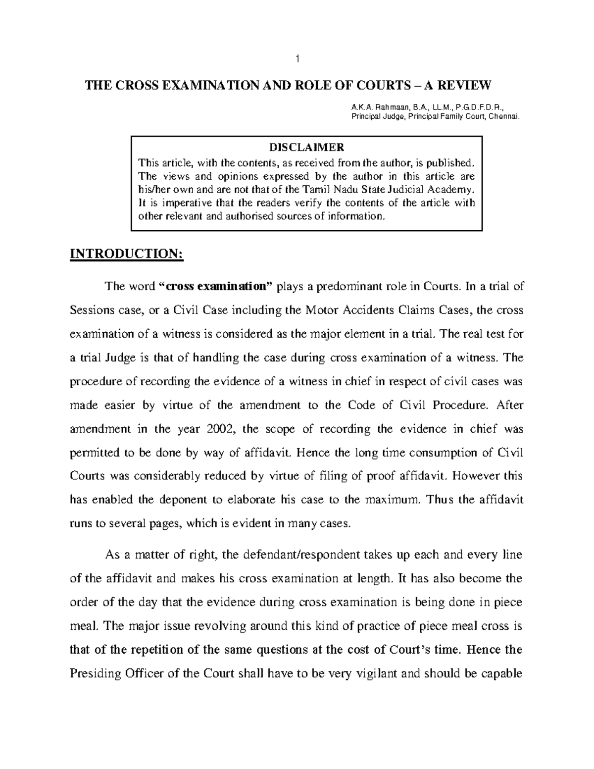 Cross Examination & Court Dynamics: A Study of Judicial Practices - Studocu