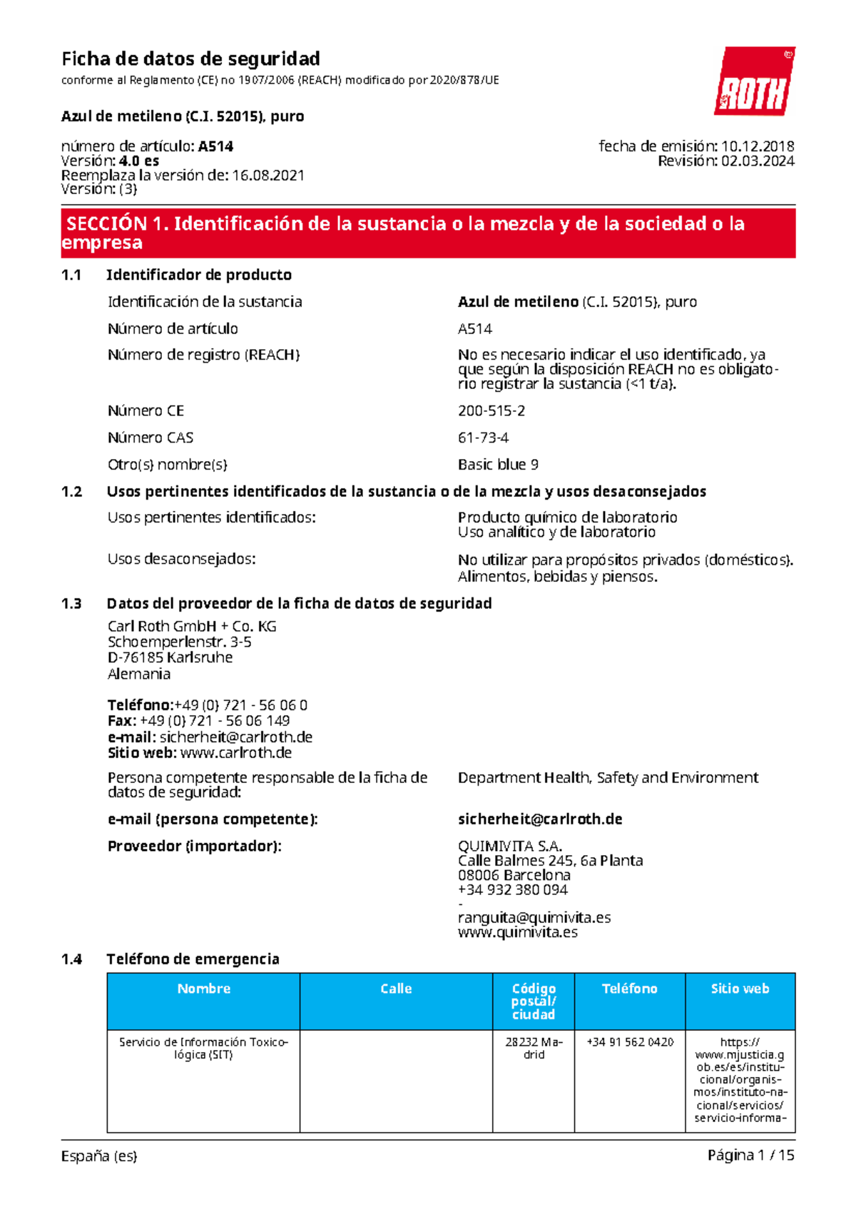 Ficha de Datos de Seguridad: Azul de Metileno (C.I. 52015) - REACH ...
