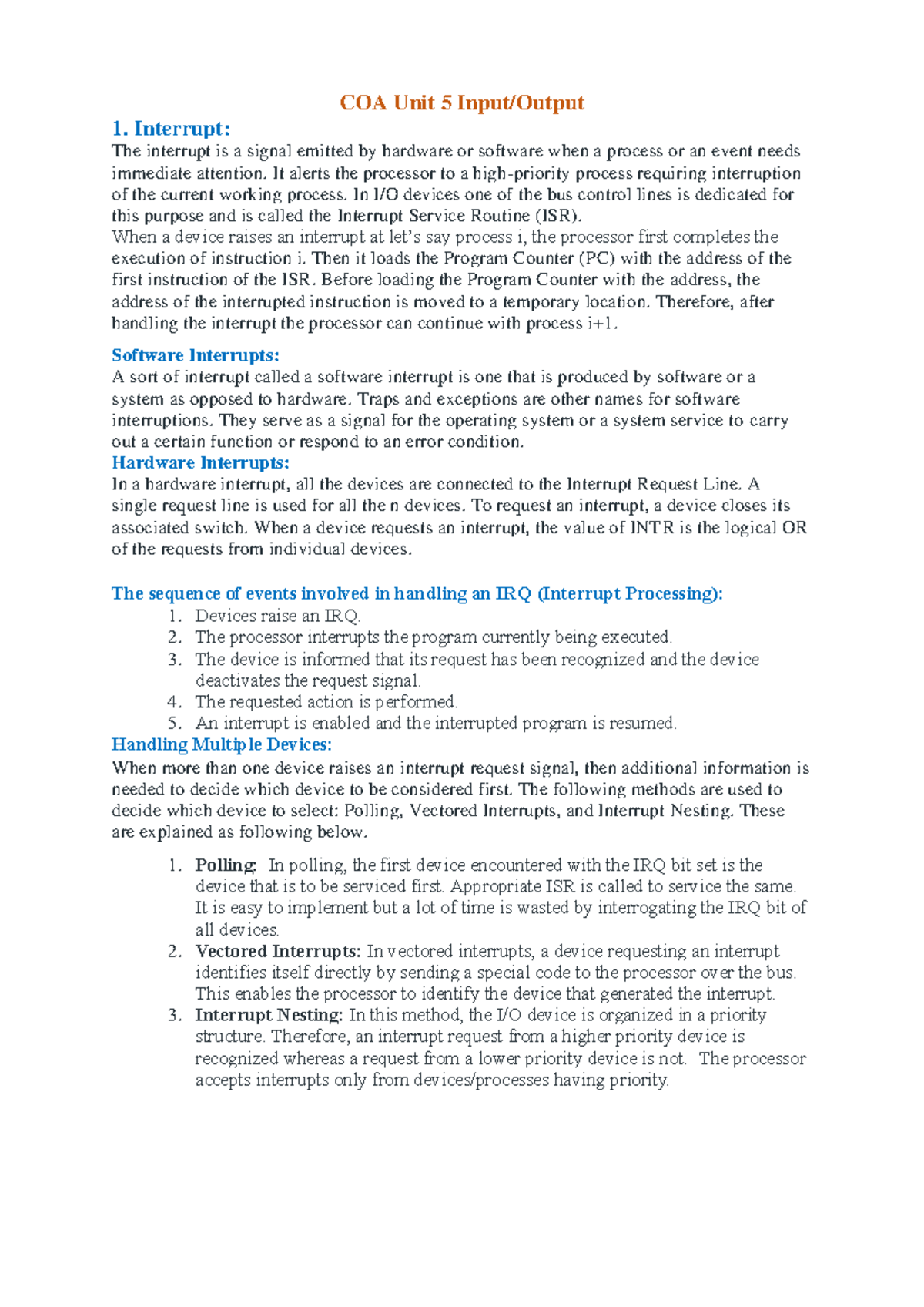 COA Unit 5 Notes: Understanding Interrupts and Data Transfer Techniques ...
