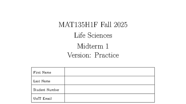 MAT135H1F Fall 2025 Life Sciences Midterm 1 Practice Exam - Studocu