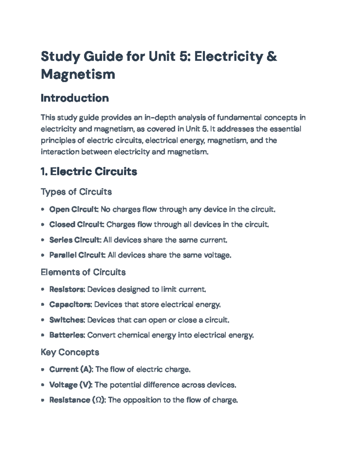 Unit 5 Study Guide: Key Concepts of Electricity & Magnetism - Studocu