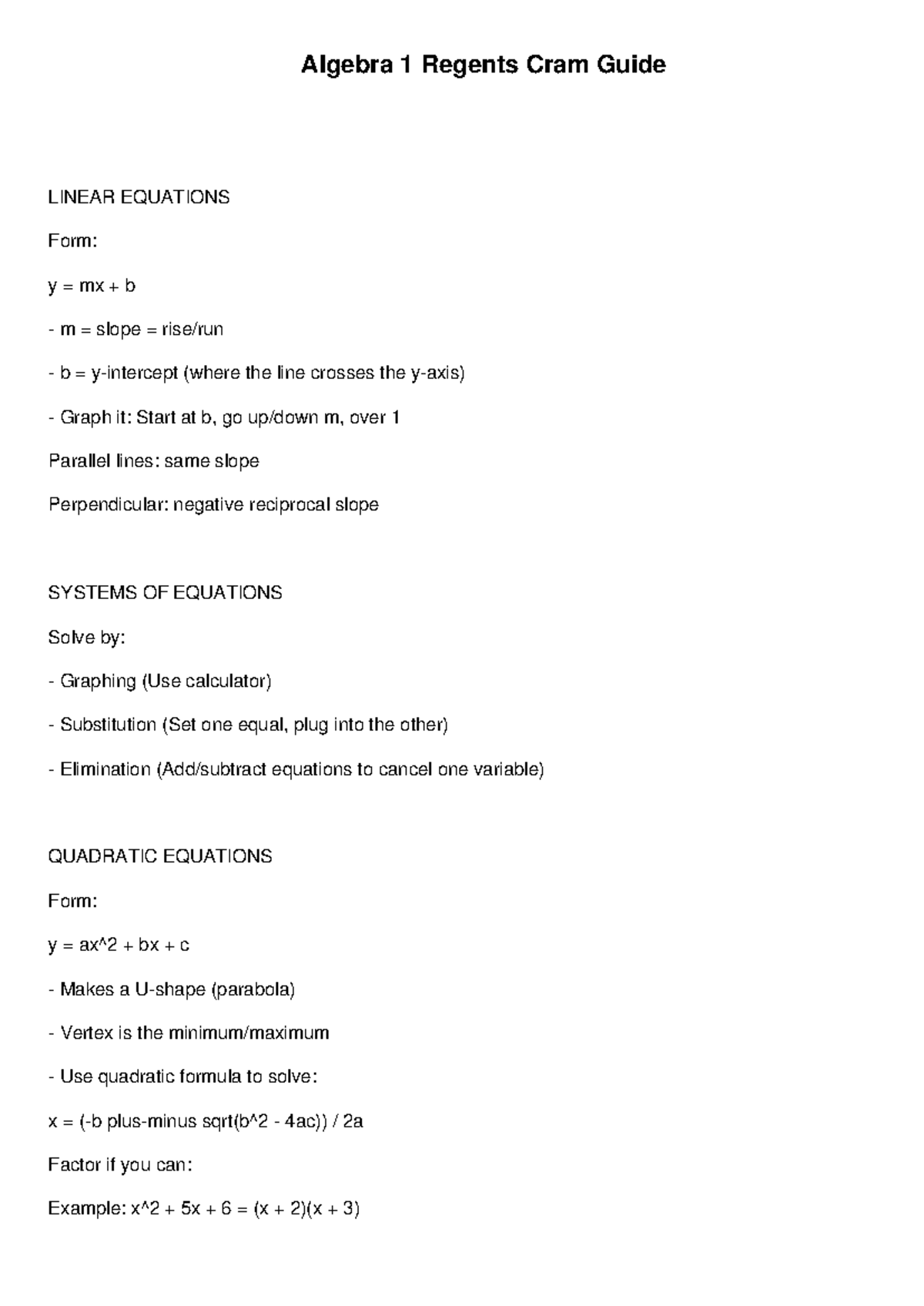Algebra 1 Regents Cram Guide Key Concepts & Formulas Studocu
