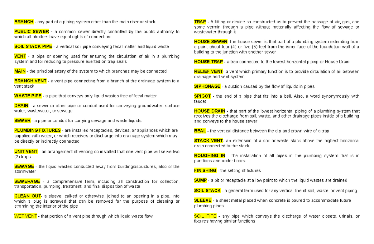 Plumbing Reviewer: Key Terms and Definitions for Piping Systems - Studocu