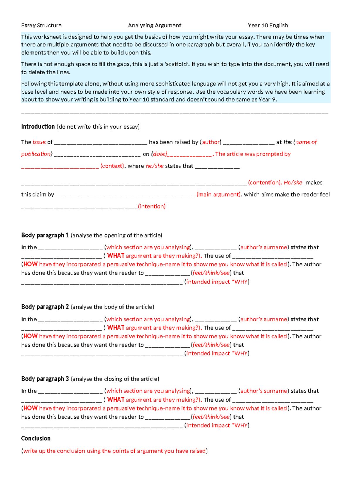 Yr 10 English Essay Structure Scaffold for Analysing Argument - Studocu