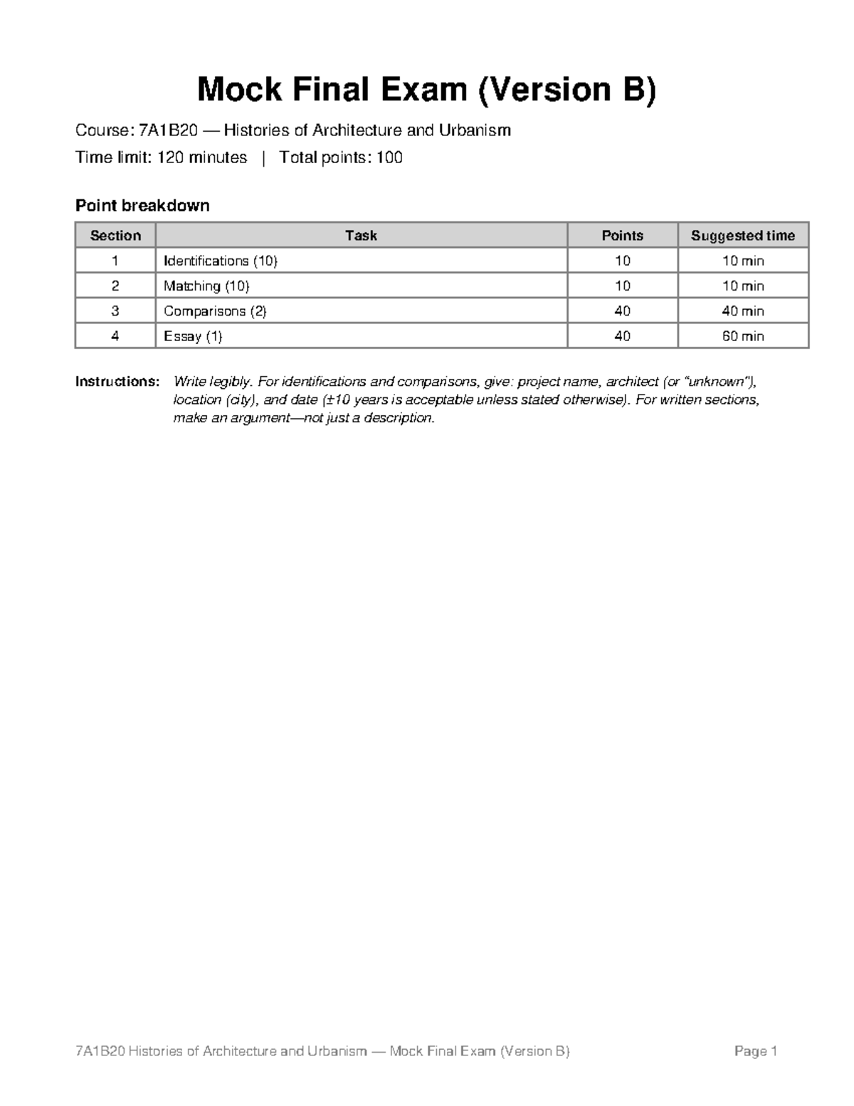 7A1B20 Histories of Architecture and Urbanism Mock Final Exam B ...
