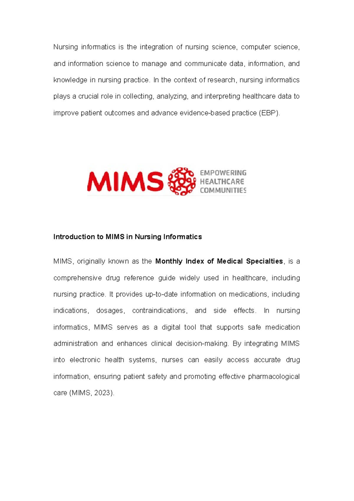 Nursing Informatics & MIMS: Enhancing Patient Safety & Care - Studocu
