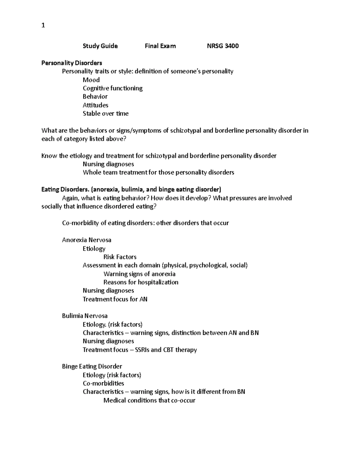Study Guide for Exam 3: Key Mental Health Disorders & Interventions ...