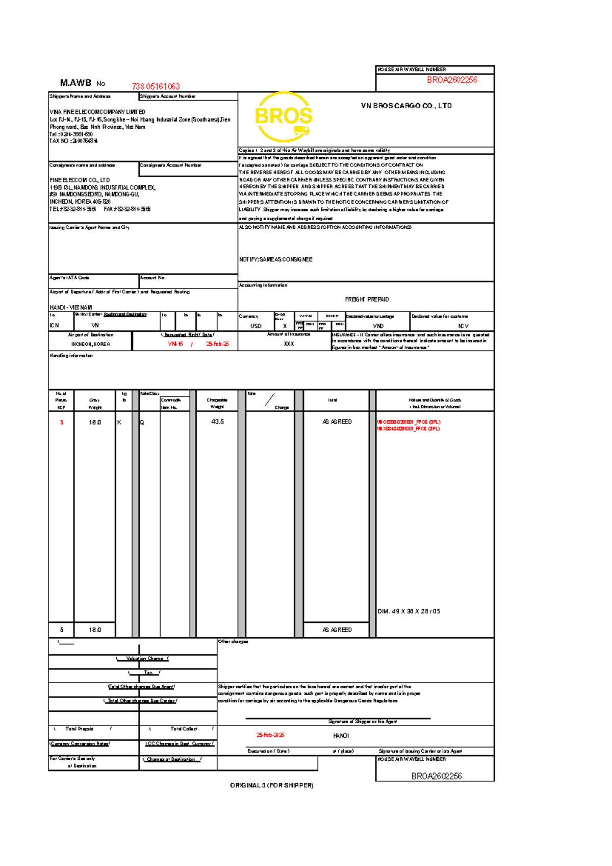 HAWB BROA2602256 - Air Waybill Details and Conditions - Studocu