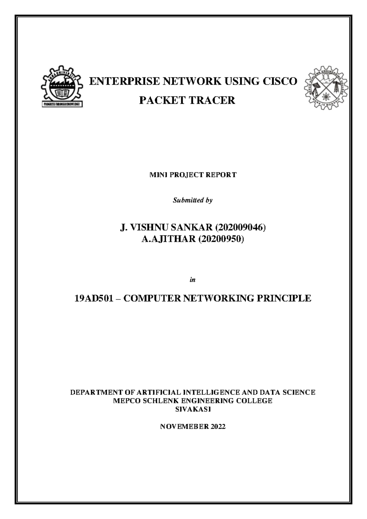 19AD552 Mini Project Report: Enterprise Network Design with Cisco - Studocu