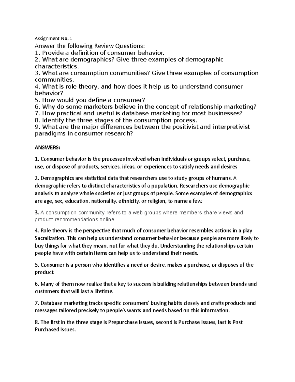 Tumala 1 - CONSUMER BEHAVIOR - Assignment No. 1 Answer the following ...