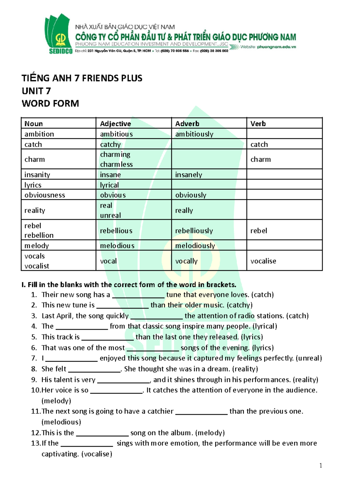 Tiếng Anh 7 Friends Plus: Word Form Unit 7 Exercises & Notes - Studocu