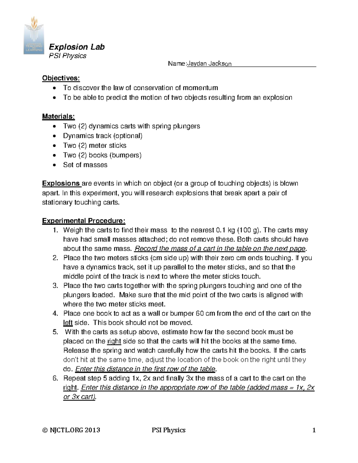 PSI Physics 1 - Explosion Lab: Conservation of Momentum Experiment ...