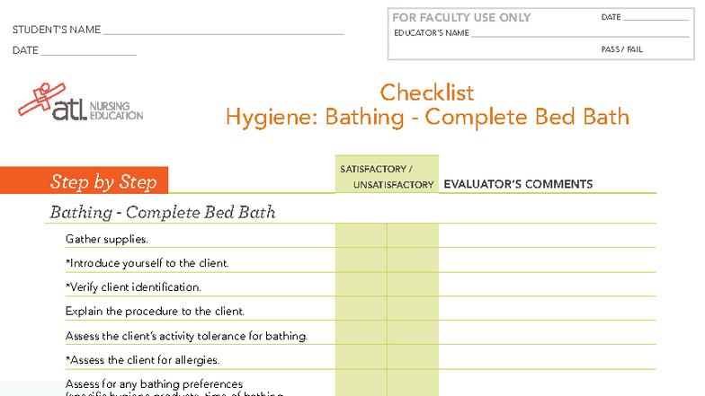 Bathing Skills Checklist - atitesting ©2021 Assessment Technologies ...