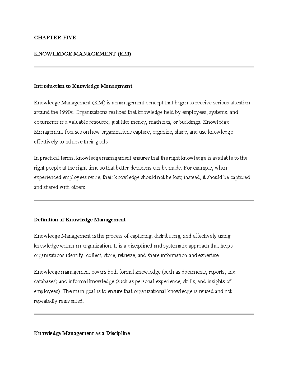 CHAPTER 5: INTRODUCTION TO KNOWLEDGE MANAGEMENT (KM) - Studocu