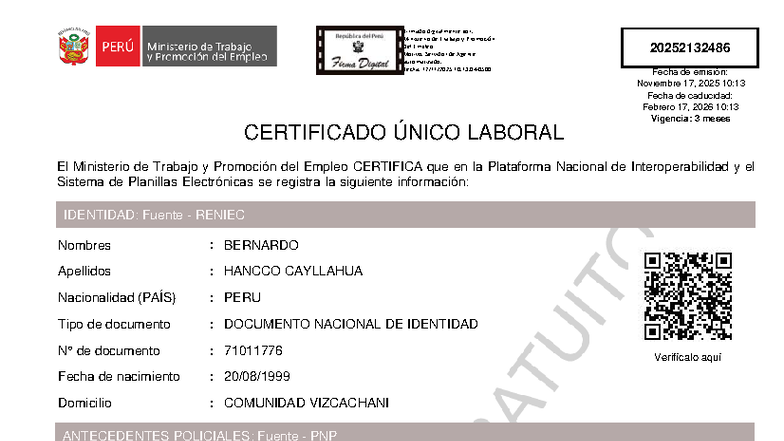 Certificado Único Laboral - Ministerio de Trabajo y Empleo - Studocu