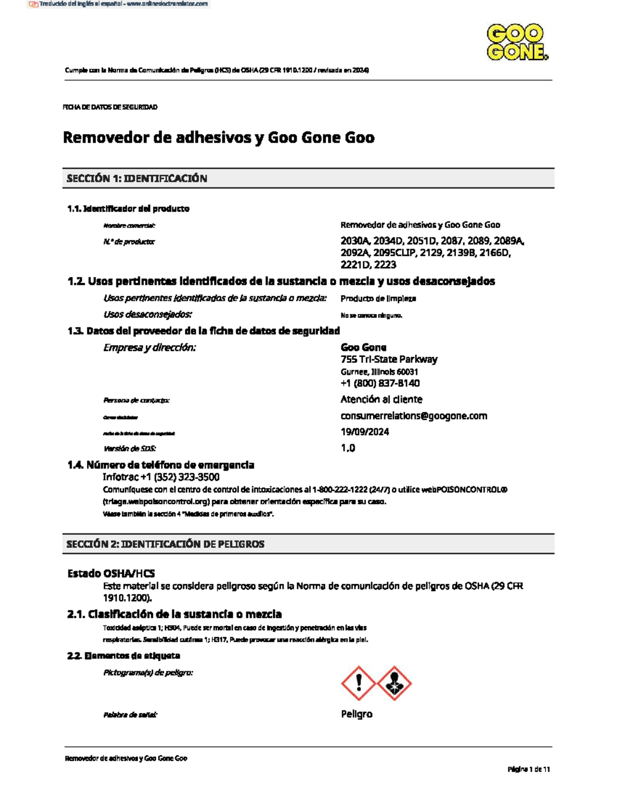 Goo Gone Español - Ficha de Datos de Seguridad (HCS OSHA 29 CFR 1910. ...