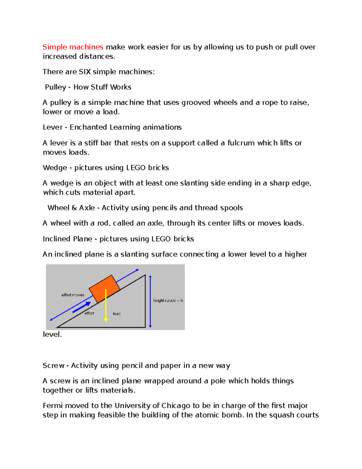 Simple machines - Lecture notes 1 - Simple machines make work easier ...