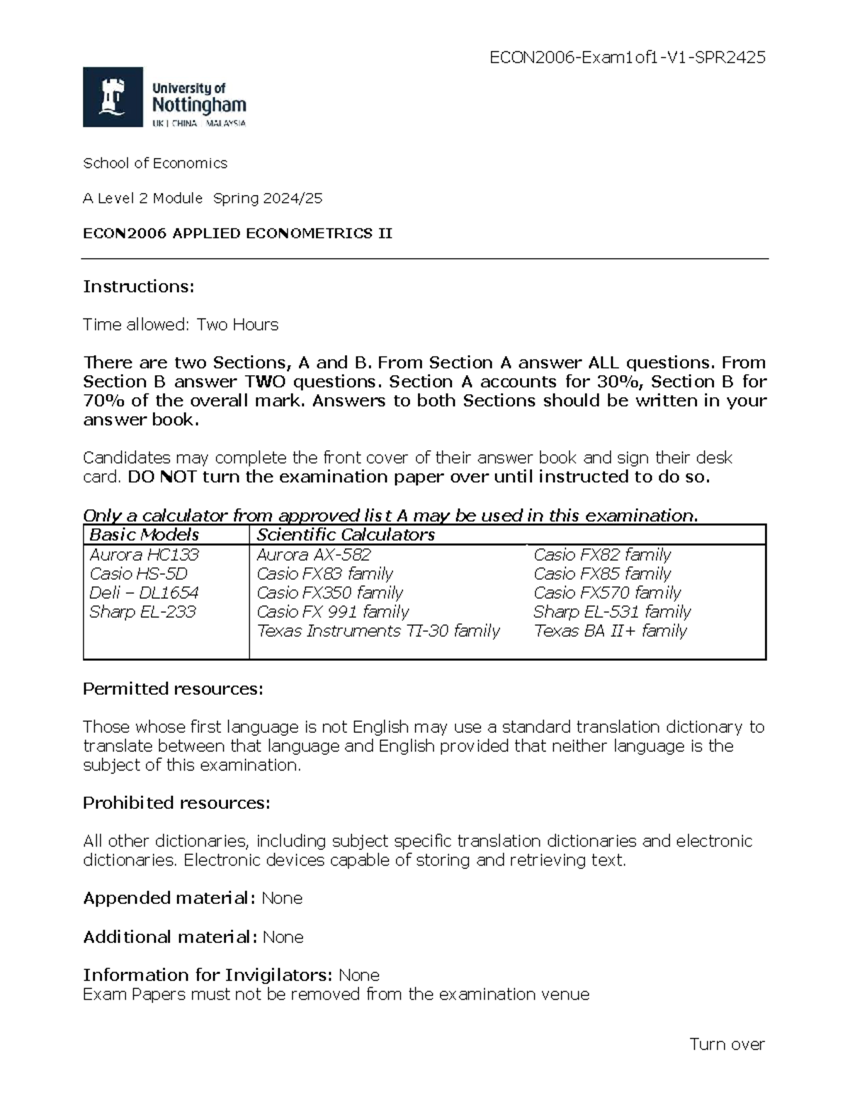 ECON2006 Spring 2024 Exam Paper: Applied Econometrics II - Studocu