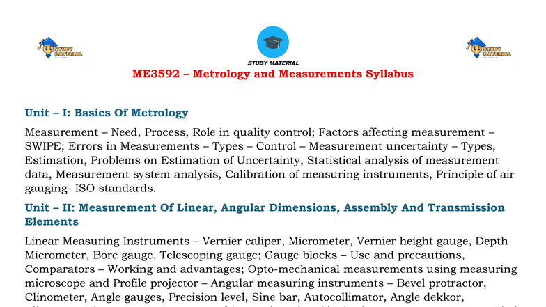 ME3592 Metrology and Measurements Comprehensive Syllabus Overview - Studocu