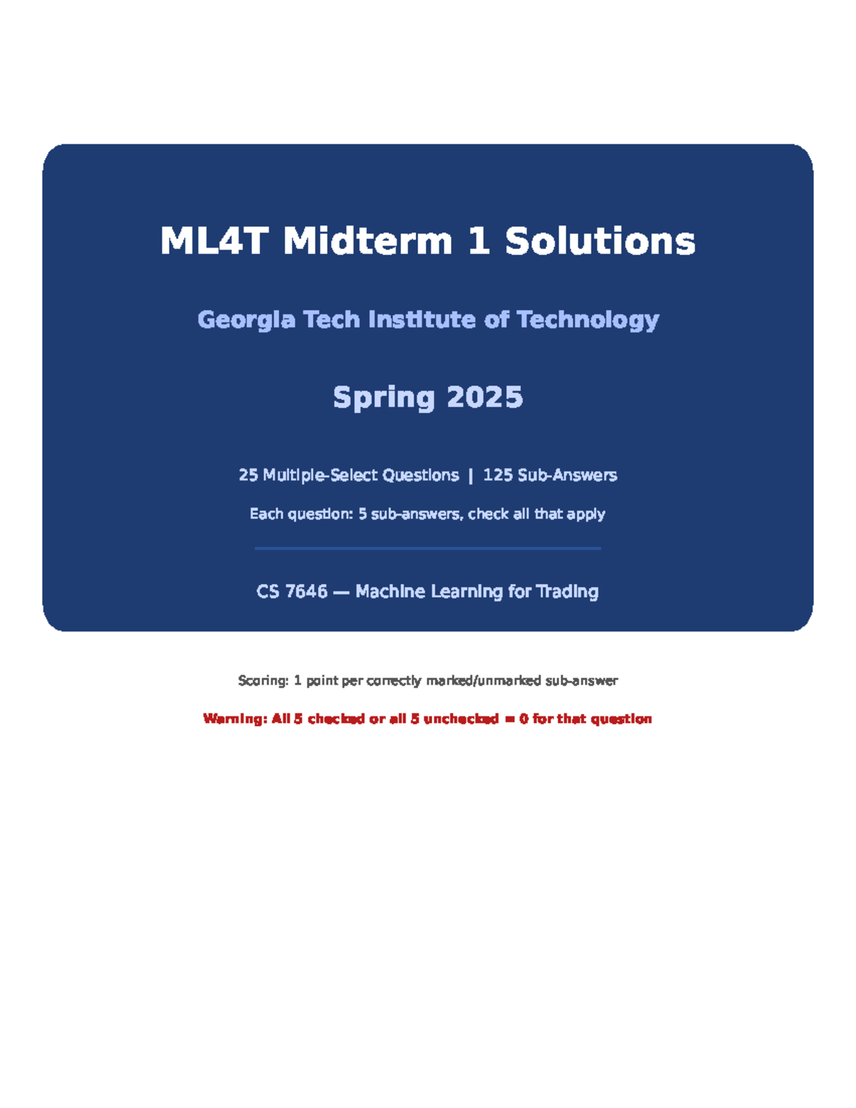 ML4T Midterm 1 Solutions - CS 7646 Spring 2025 Exam Guide - Studocu