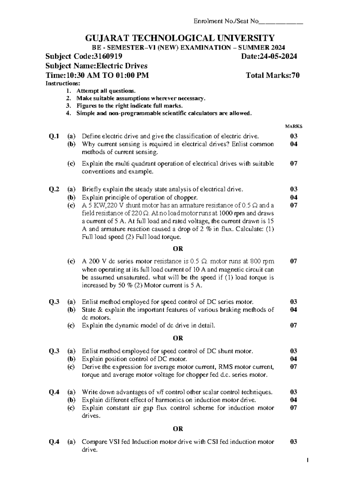 Electric Drives Exam Paper - GTU BE Summer 2024 (Code: 3160919) - Studocu