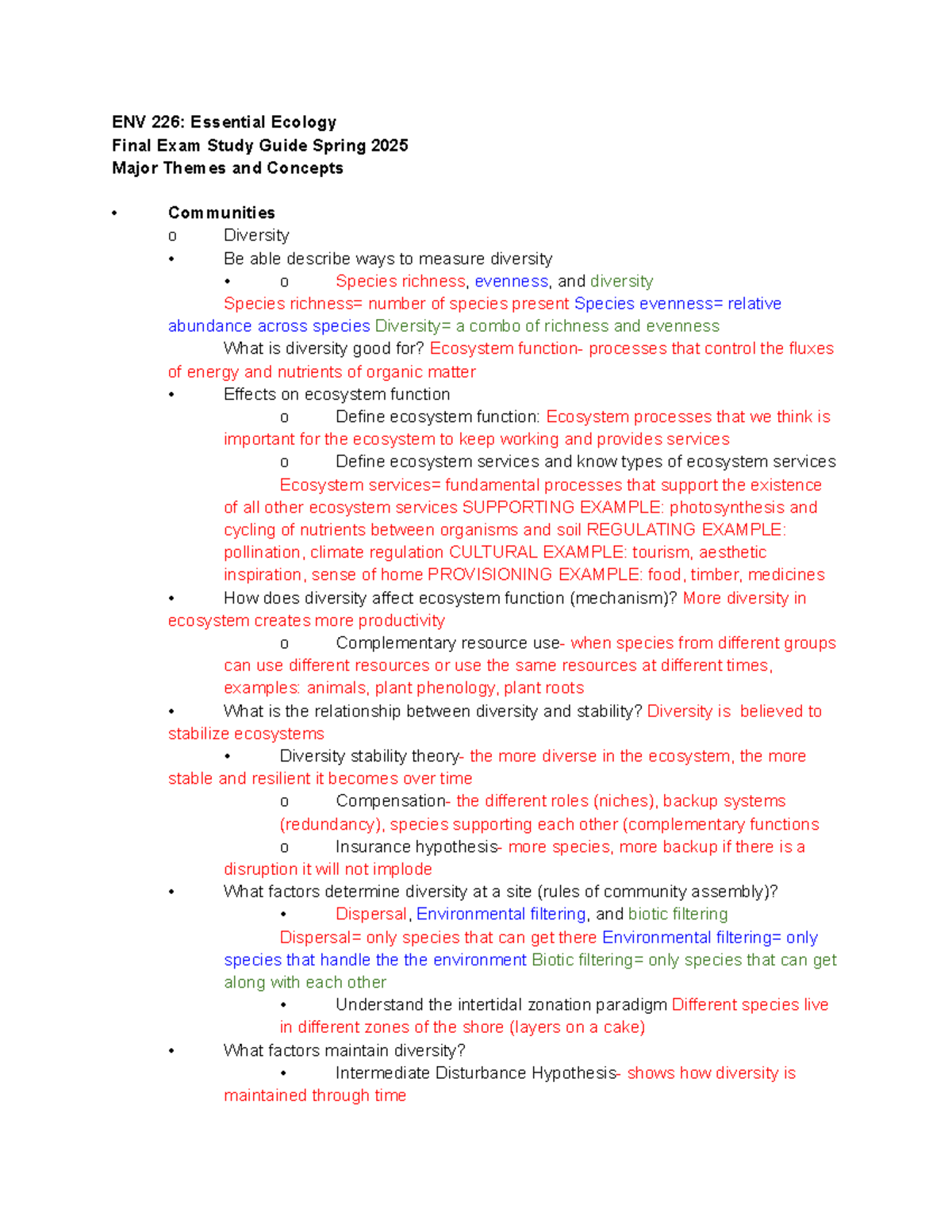 ENV 226: Essential Ecology Final Exam Study Notes Spring 2025 - Studocu