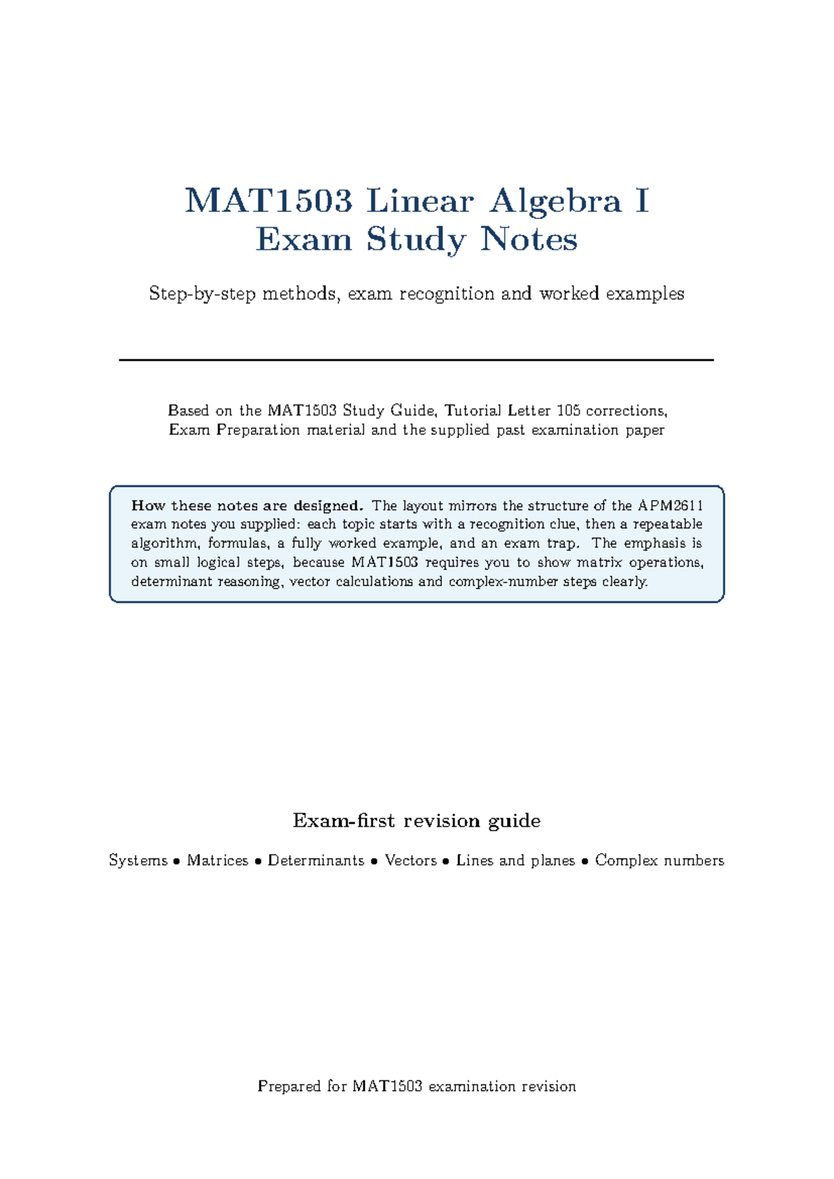 MAT1503 Linear Algebra I Exam Study Notes: Methods & Worked Examples ...