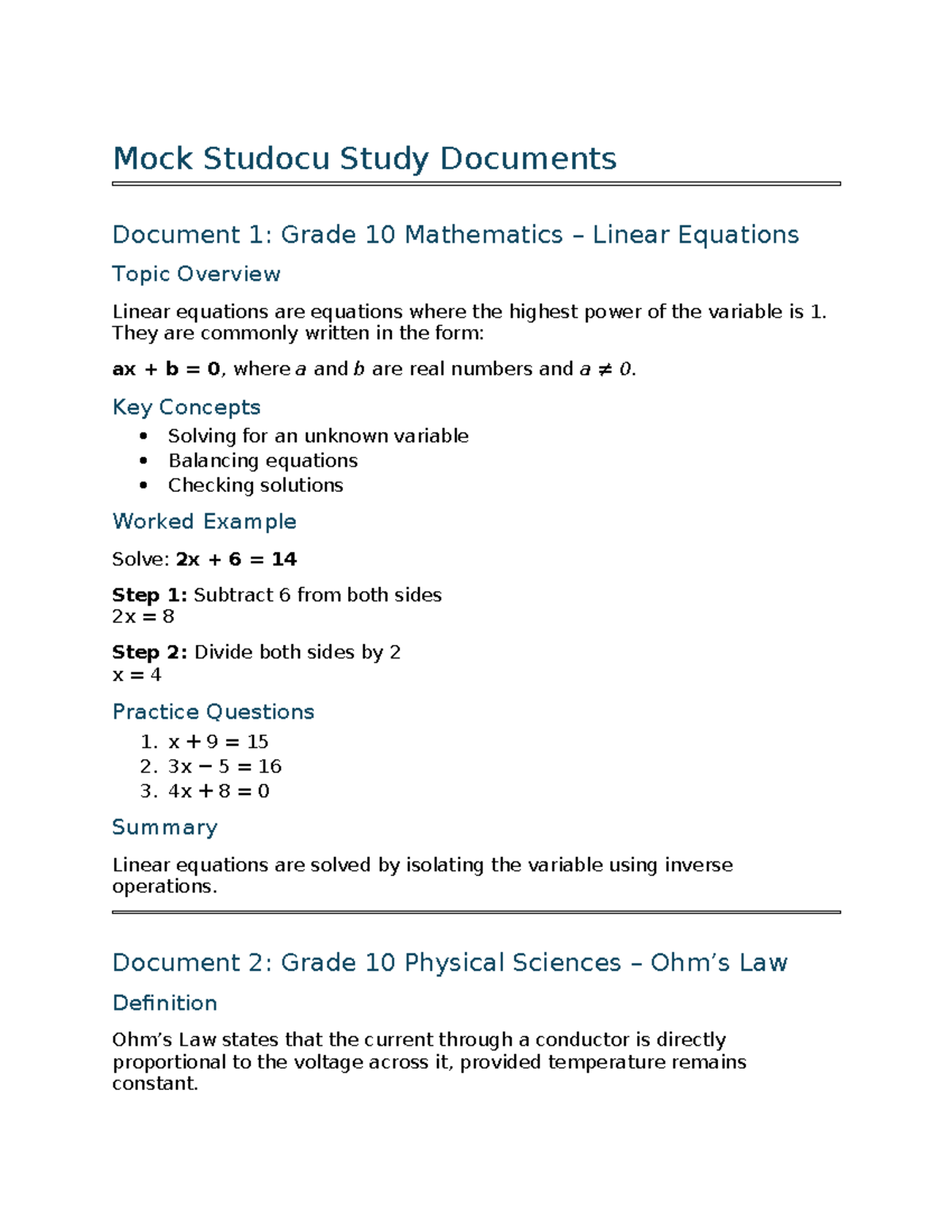 Grade 10 Math & Science Overview: Linear Equations & Ohm's Law - Studocu