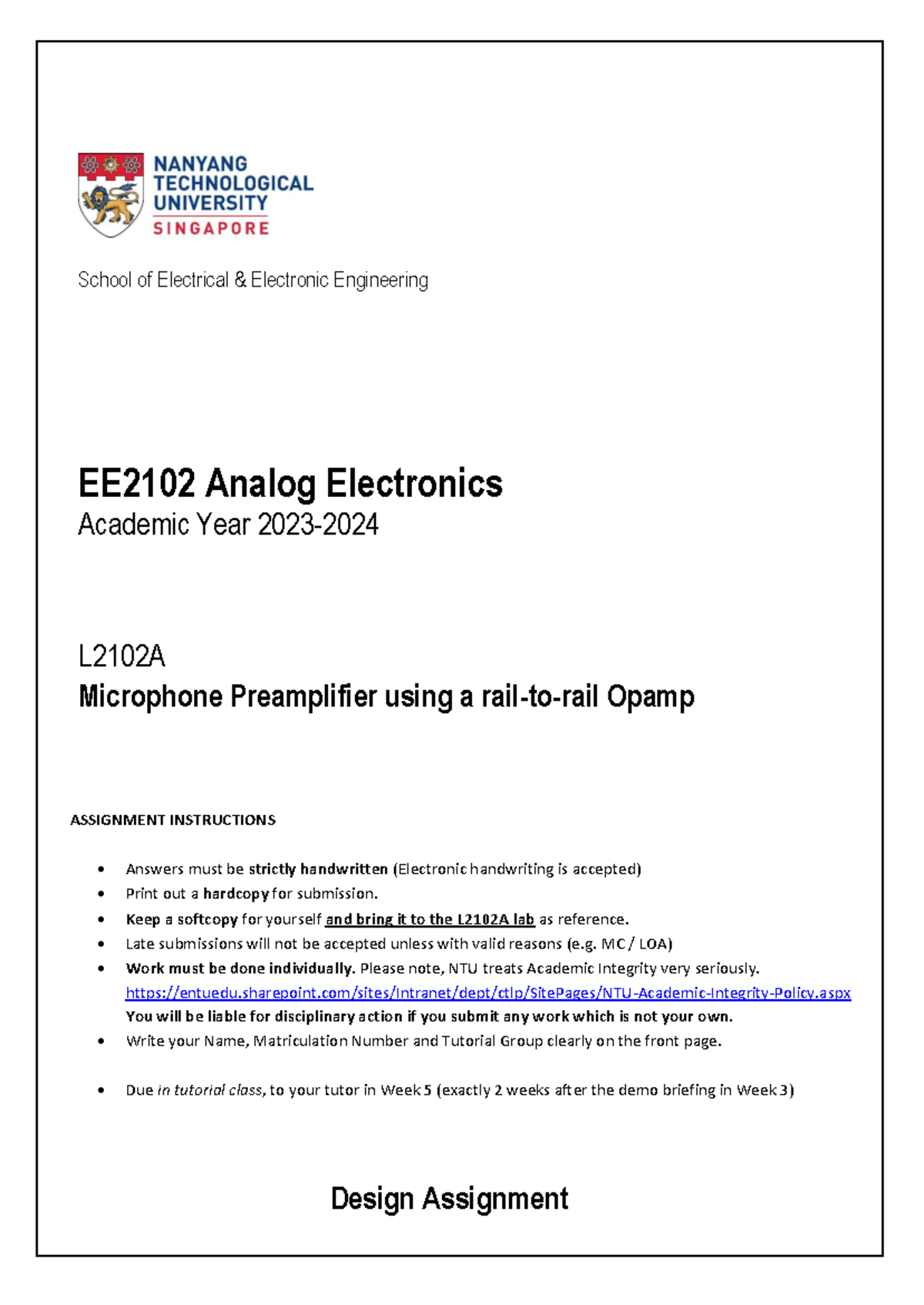 EE2102A AY23-24 Microphone Preamplifier Design Assignment v1 - Studocu