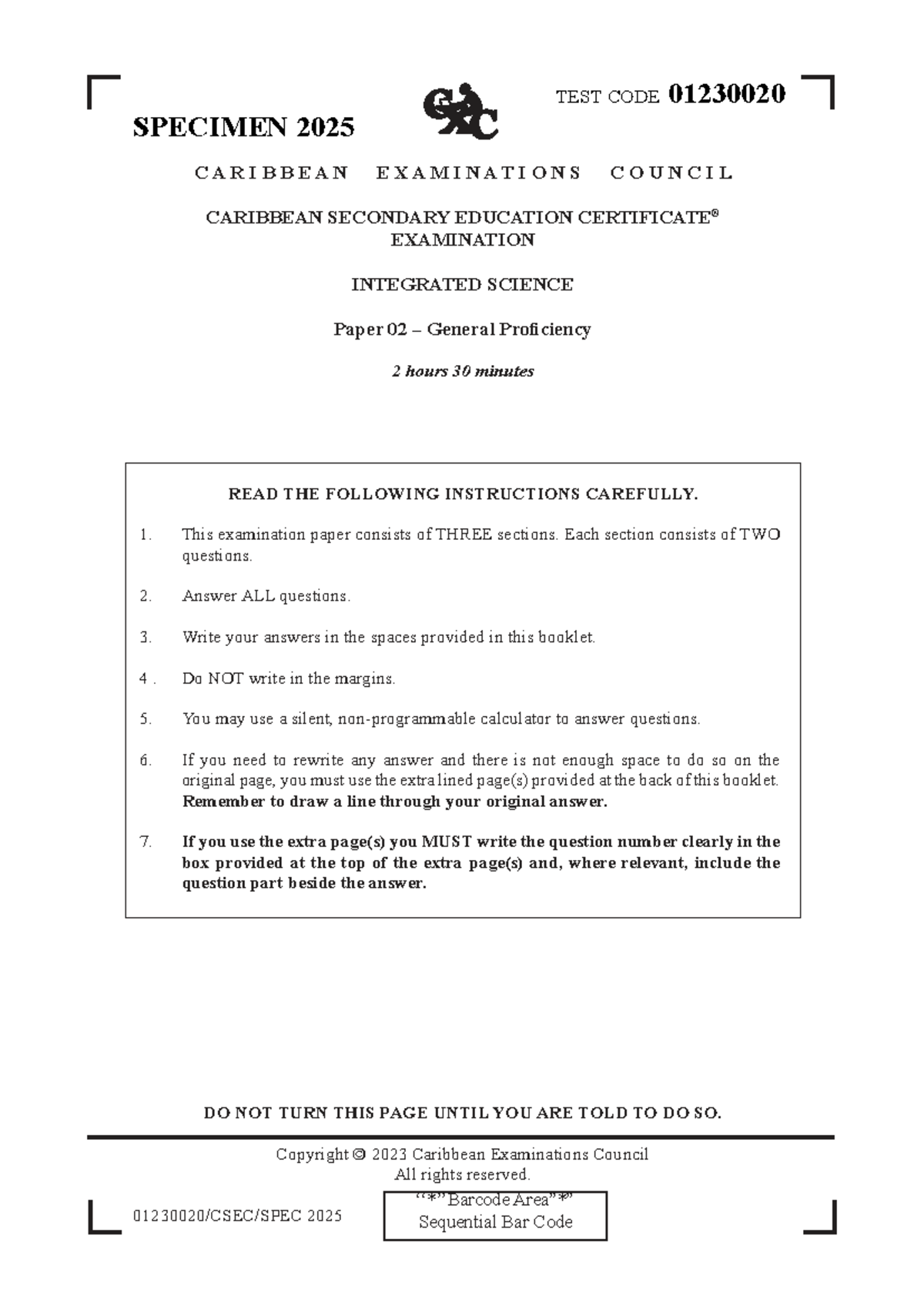 Integrated Science Paper 2 (TEST CODE 01230020) - May/June 2025 Exam ...