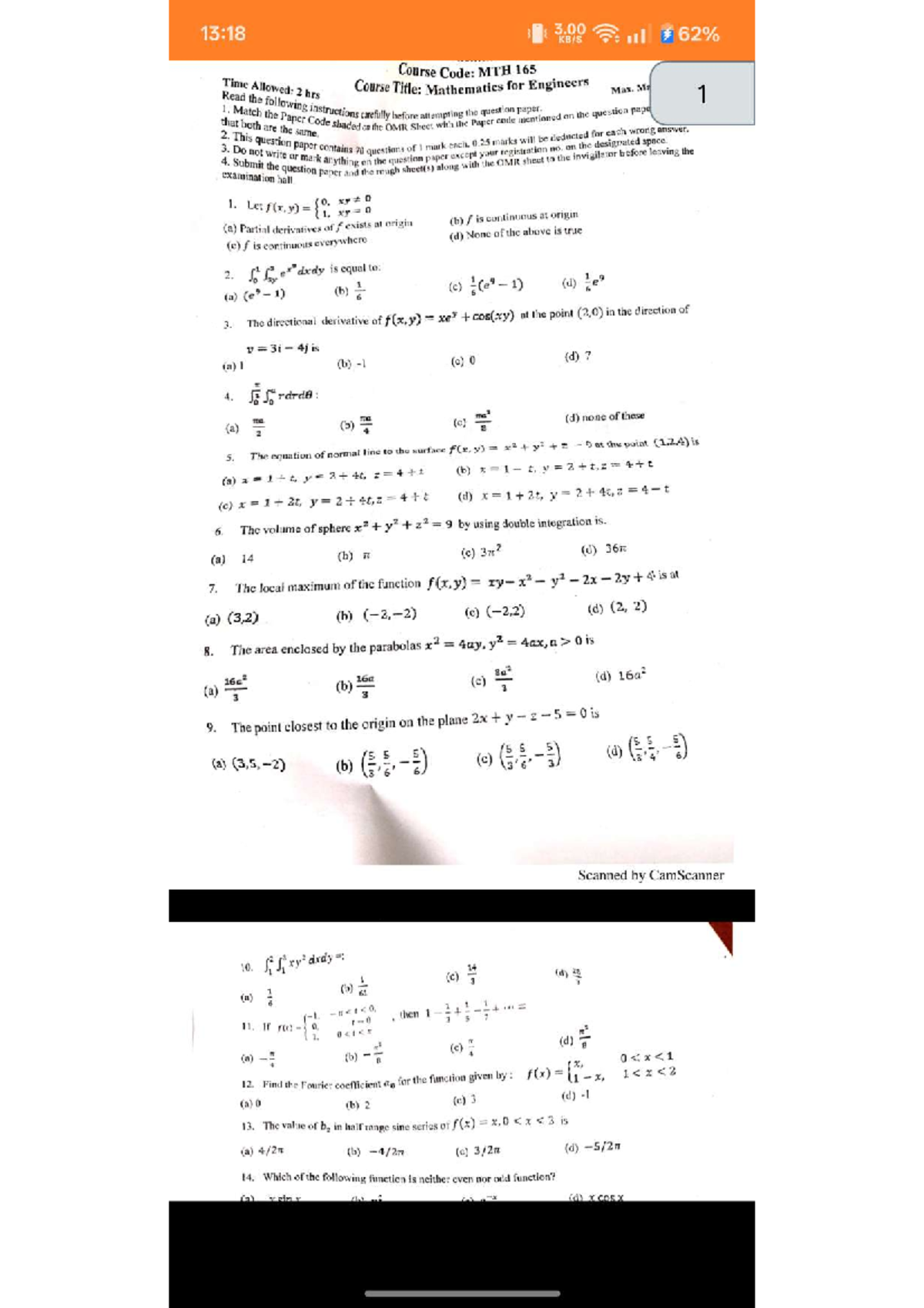 MTH 165 Final Exam MCQ Review for Mathematics for Engineers - Studocu