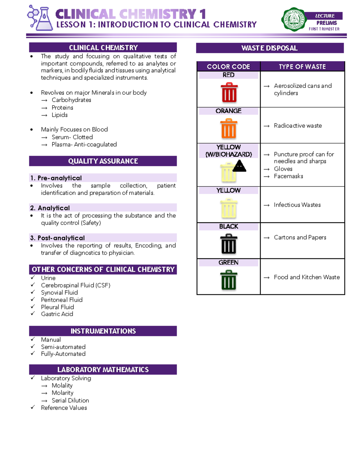 Lesson 1: Intro to Clinical Chemistry 1 - Prelims Overview - Studocu