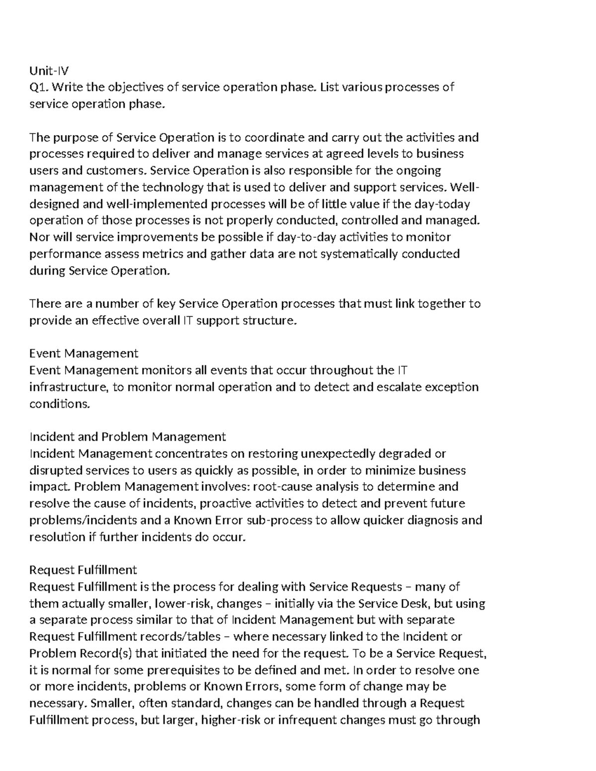 ITSM UNIT4 - Comprehensive Notes on Service Operation Phase - Studocu