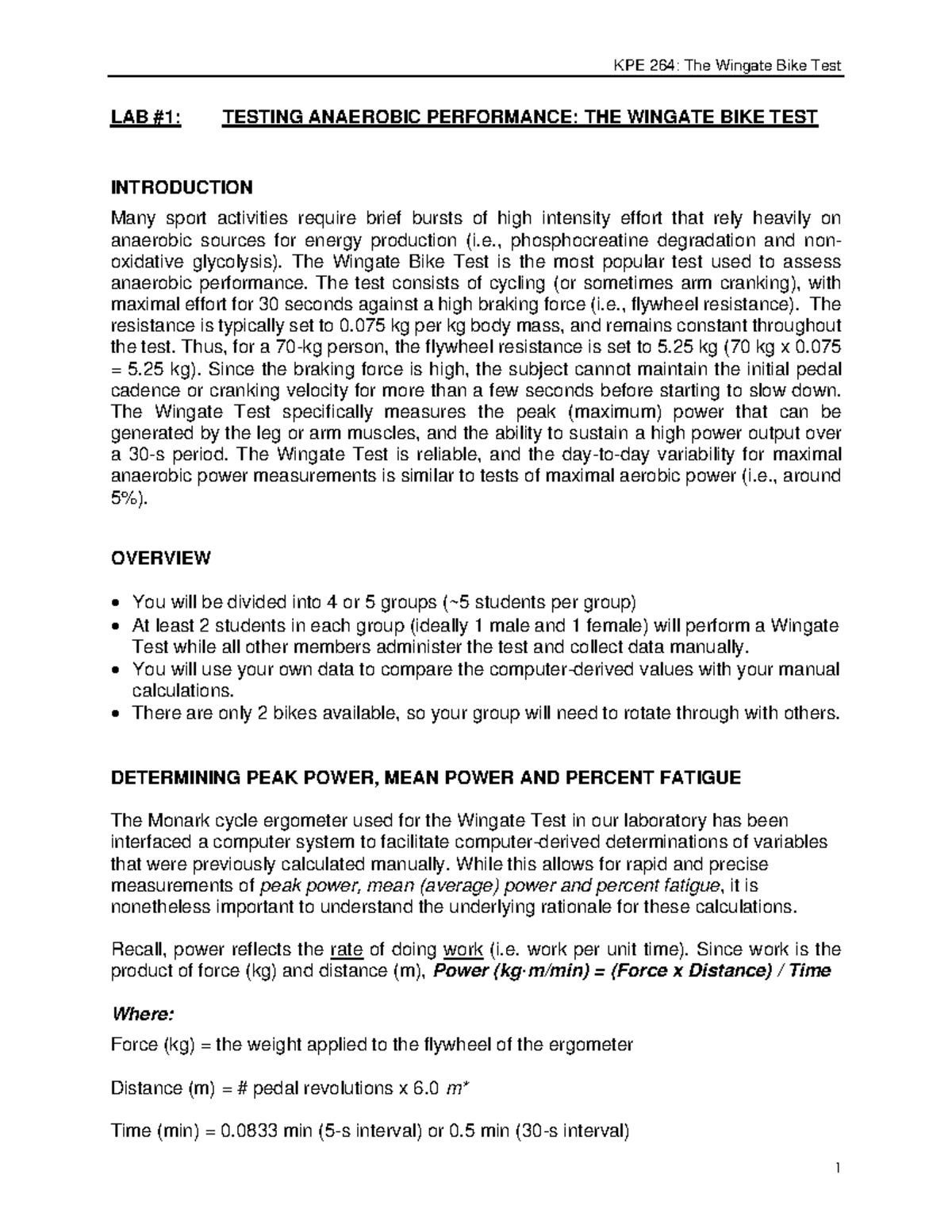 KPE 264: Lab Report on Wingate Bike Test for Anaerobic Performance ...