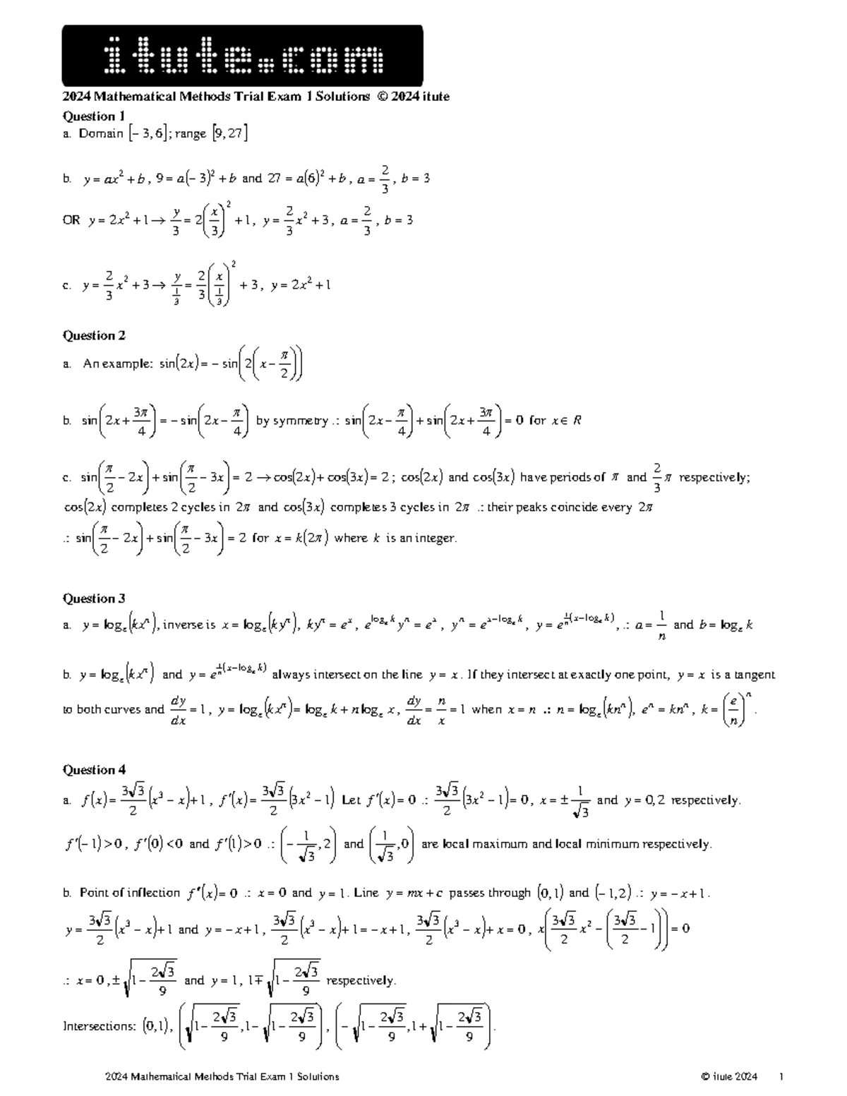 2024 Specialist Mathematics Trial Exam 1 Detailed Solutions - Studocu