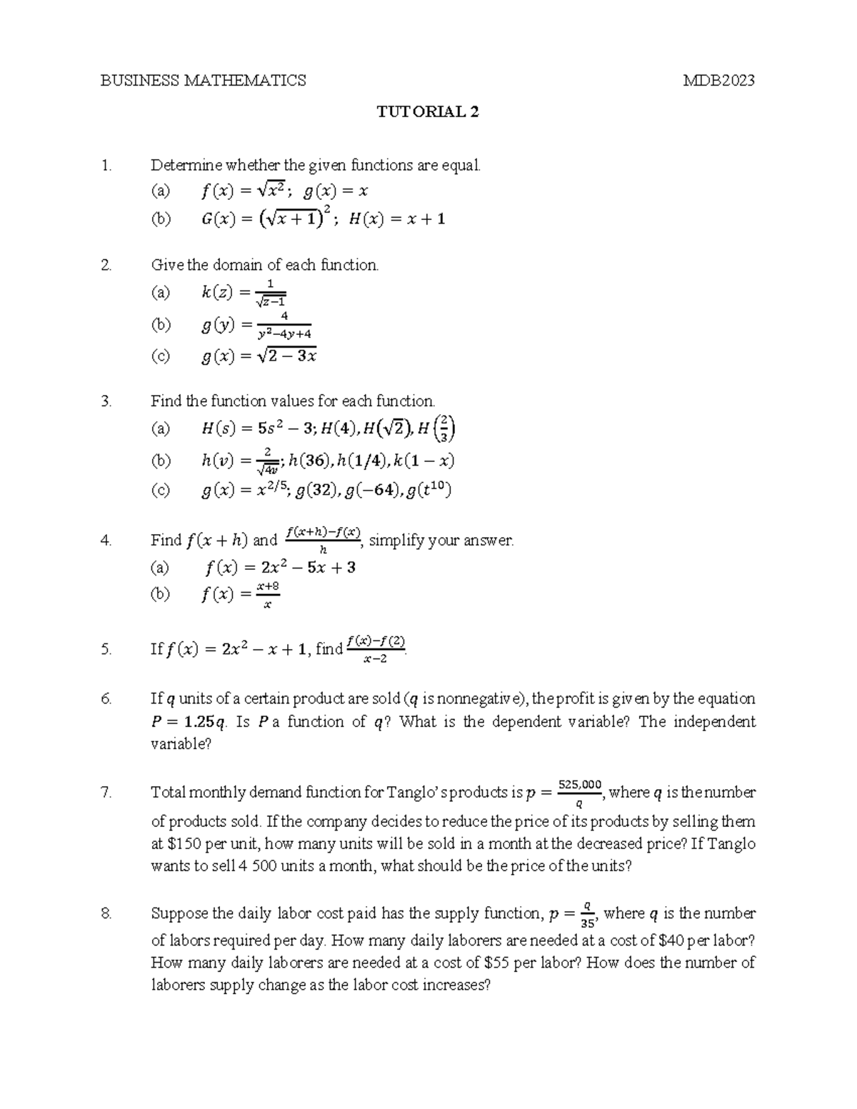 Tutorial 2 - Function and Graph - BUSINESS MATHEMATICS MDB TUTORIAL 2 ...