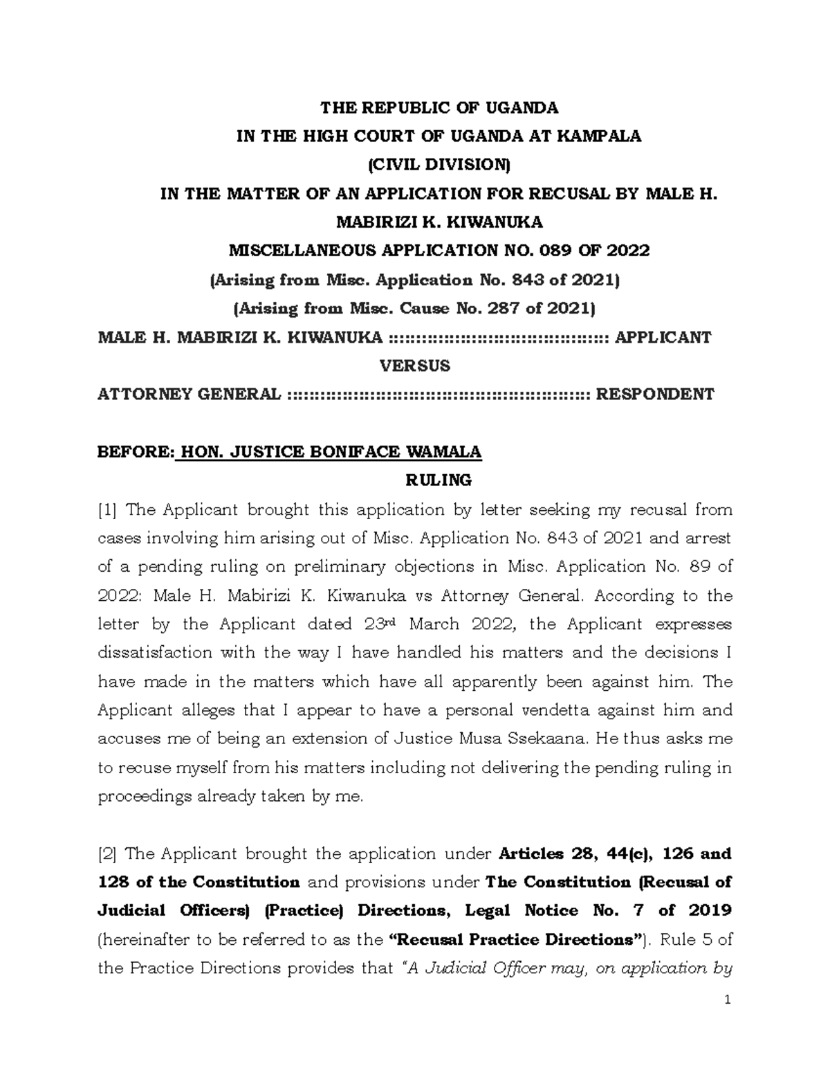 Mabirizi Kiwanuka v Attorney General: Ruling on recusal application ...
