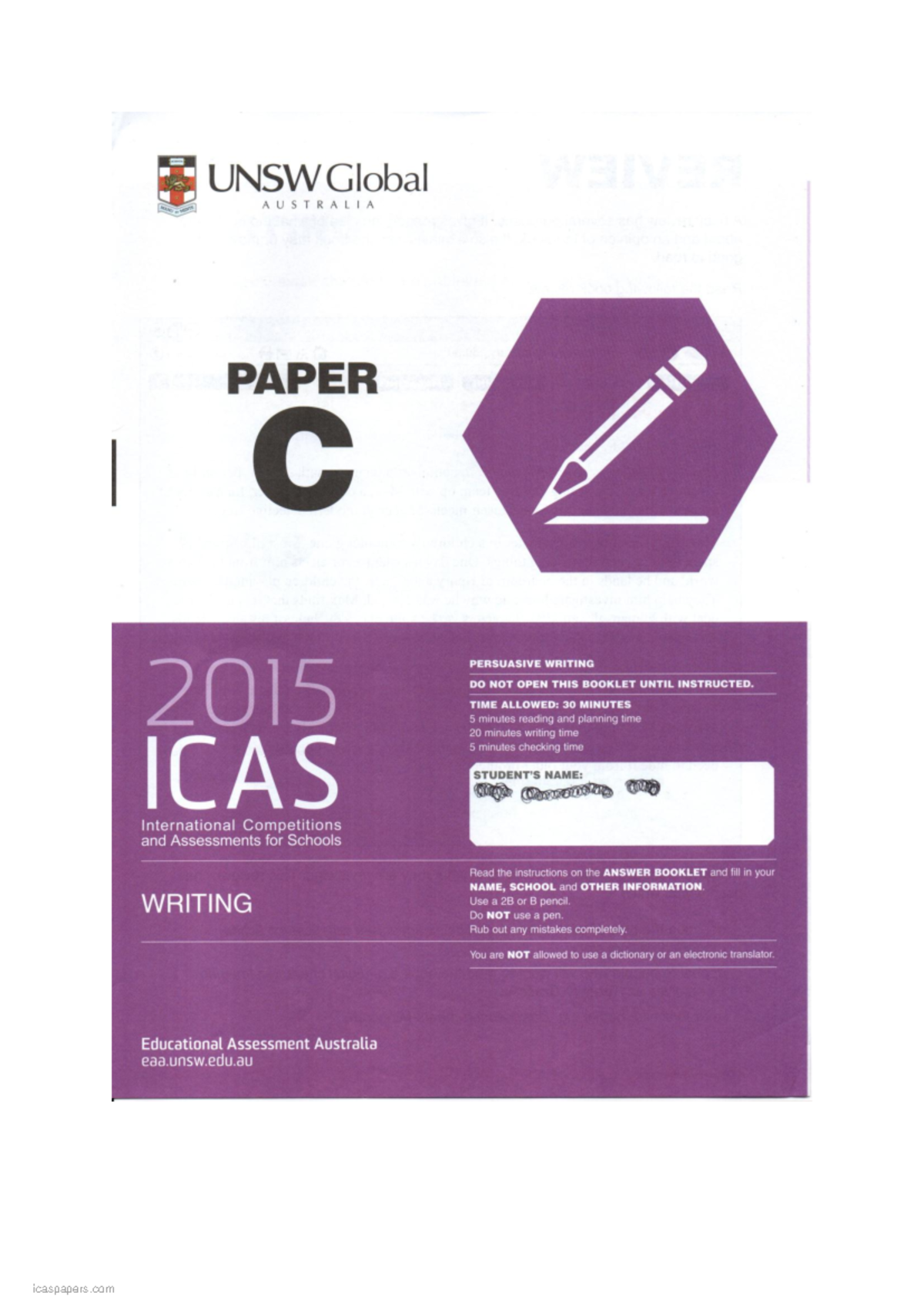 UNSW ICAS 2015 Persuasive Writing Paper Review and Instructions - Studocu