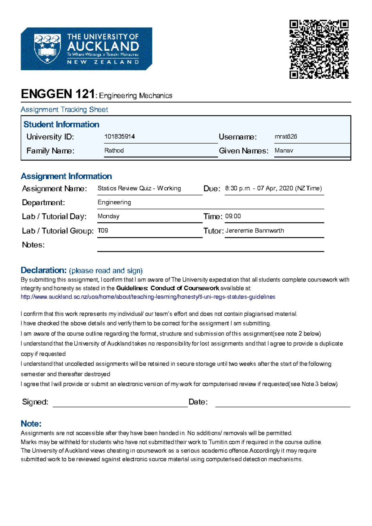 Enggen 121 - Statics Review Quiz - Working - ENGGEN 121: Engineering ...