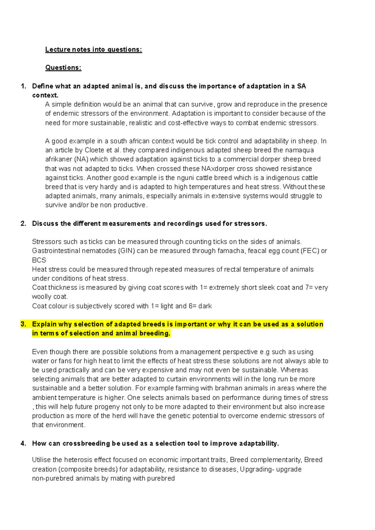 Lecture Notes on Adaptability in Animal Breeding (ANSC 202) - Studocu