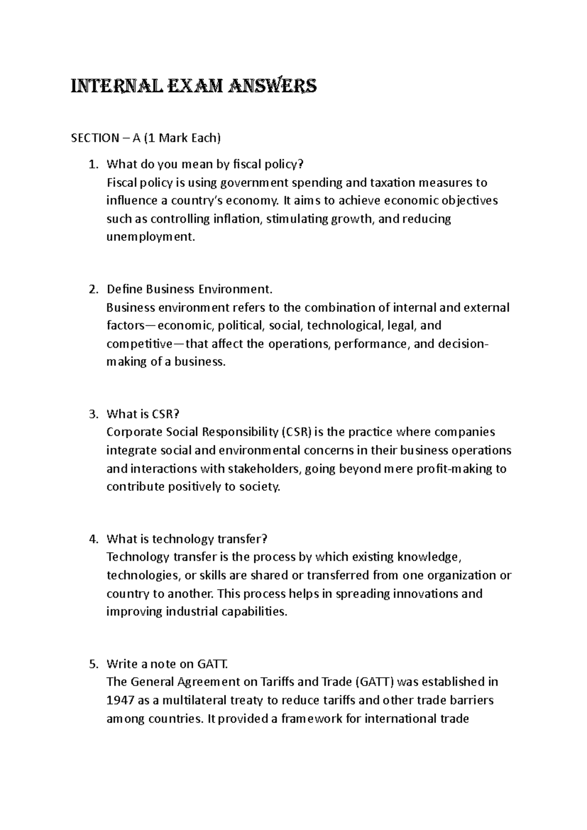 Model Exam Answers for Internal Exam: Business Environment & Policies ...
