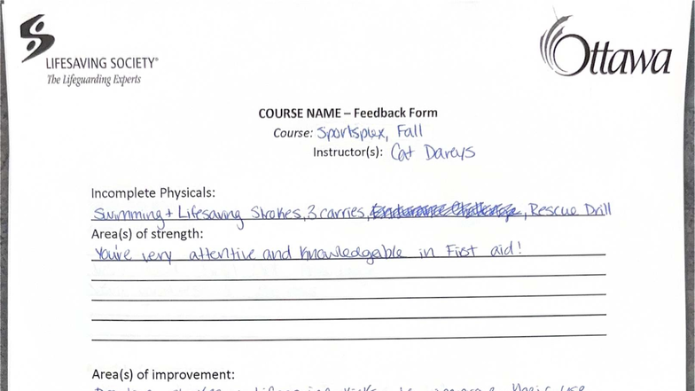 LIFESAVING Feedback Form - Sportsplex Fall Course Evaluation - Studocu