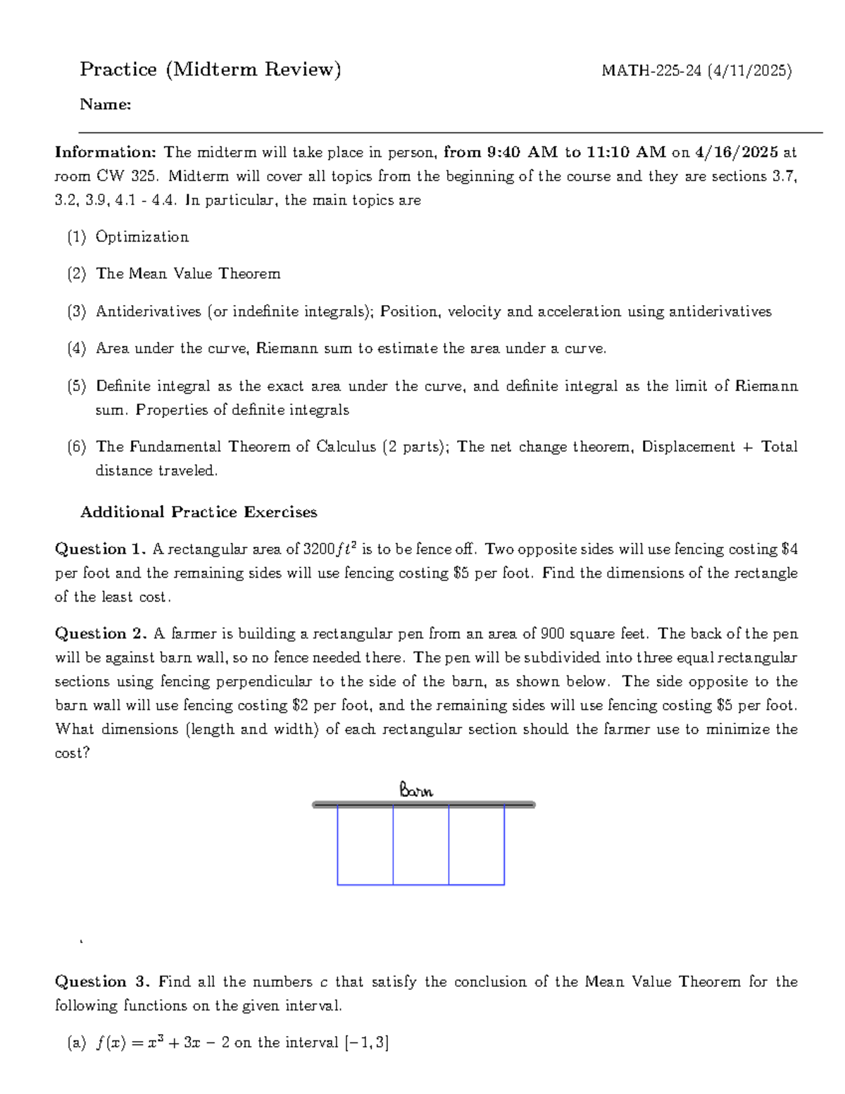 MATH-225-24 Midterm Review: Key Topics & Practice Problems - Studocu
