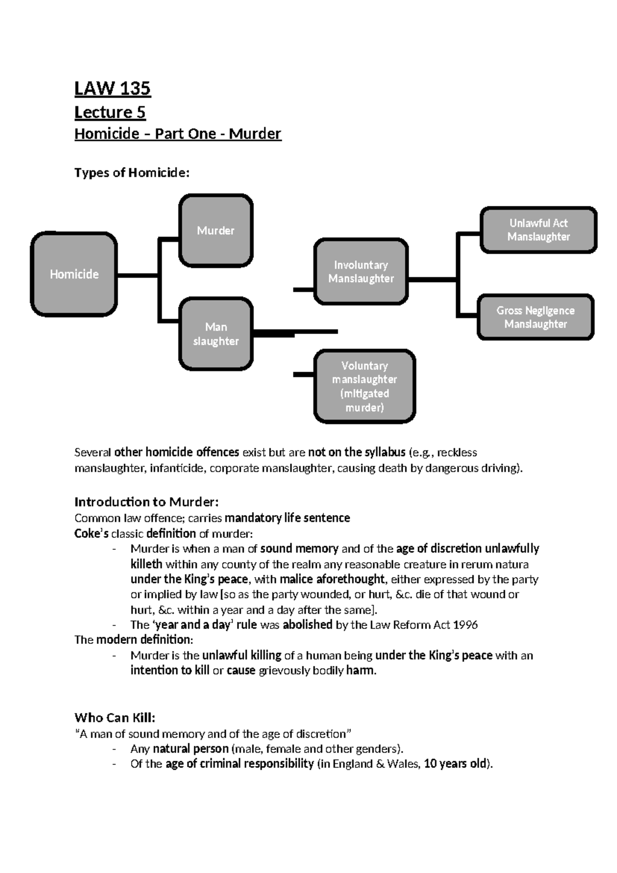 LAW 135 Lecture Notes: Homicide Types & Defenses (Lectures 5, 7, 8 ...