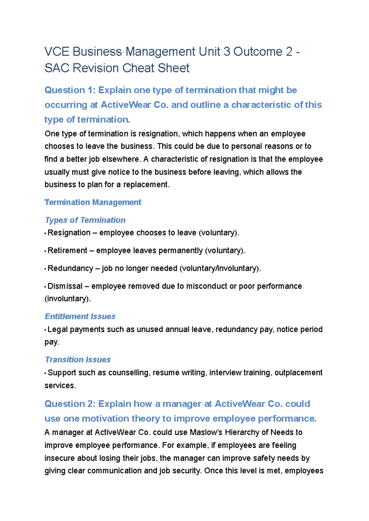 VCE Business Management Unit 3 Outcome 2 SAC Revision Notes - Studocu