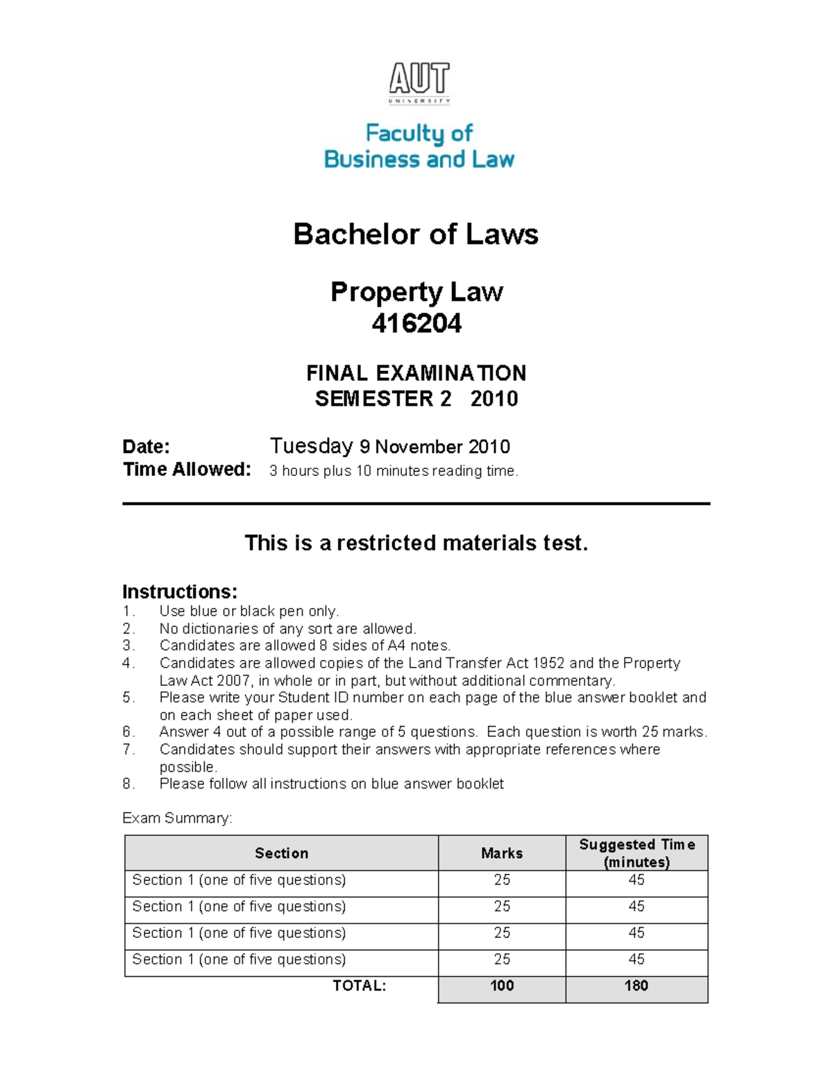 Property Law 416204 Final Exam Guide - Semester 2, 2010 - Studocu