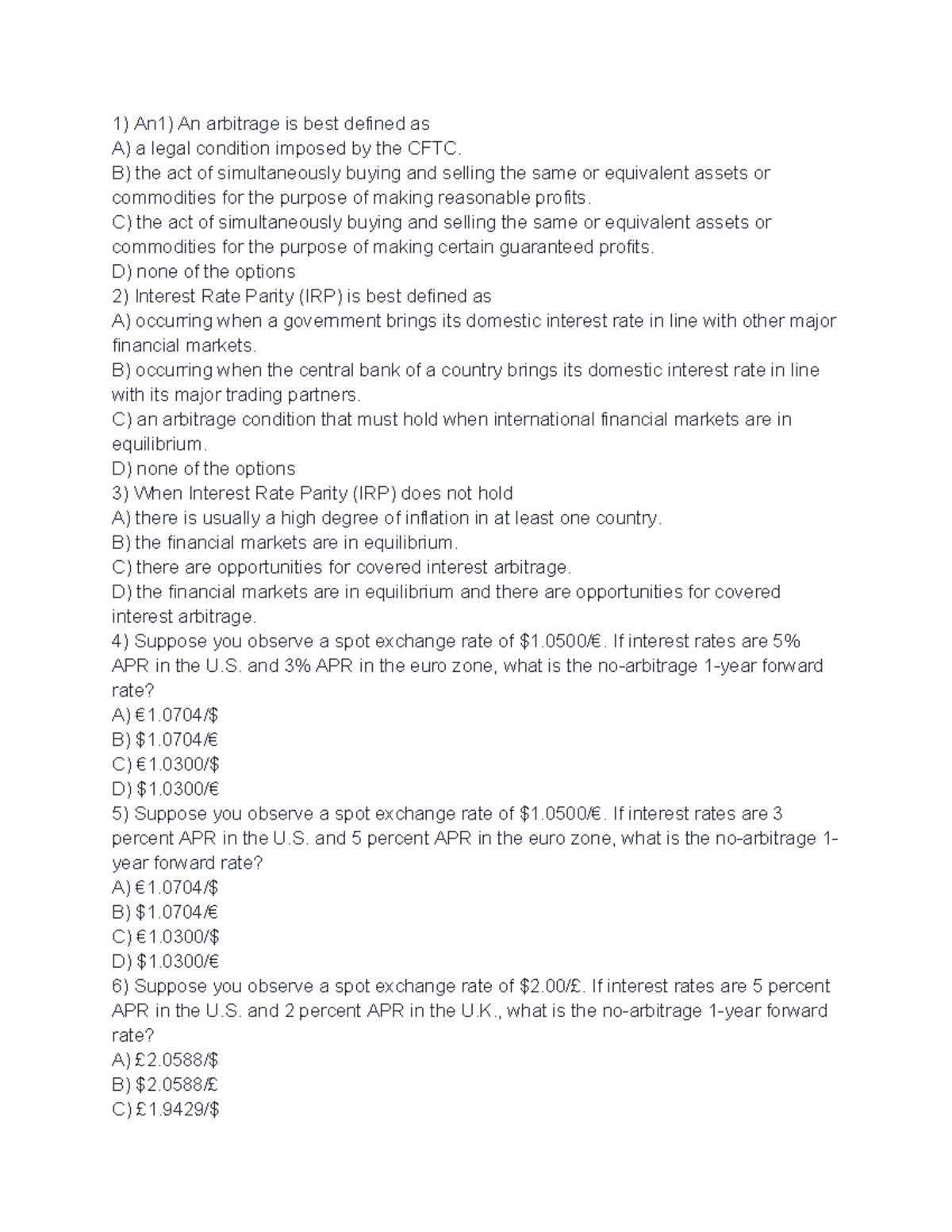 FIN 301: Final Exam Study Guide on Arbitrage and Interest Rate Parity ...