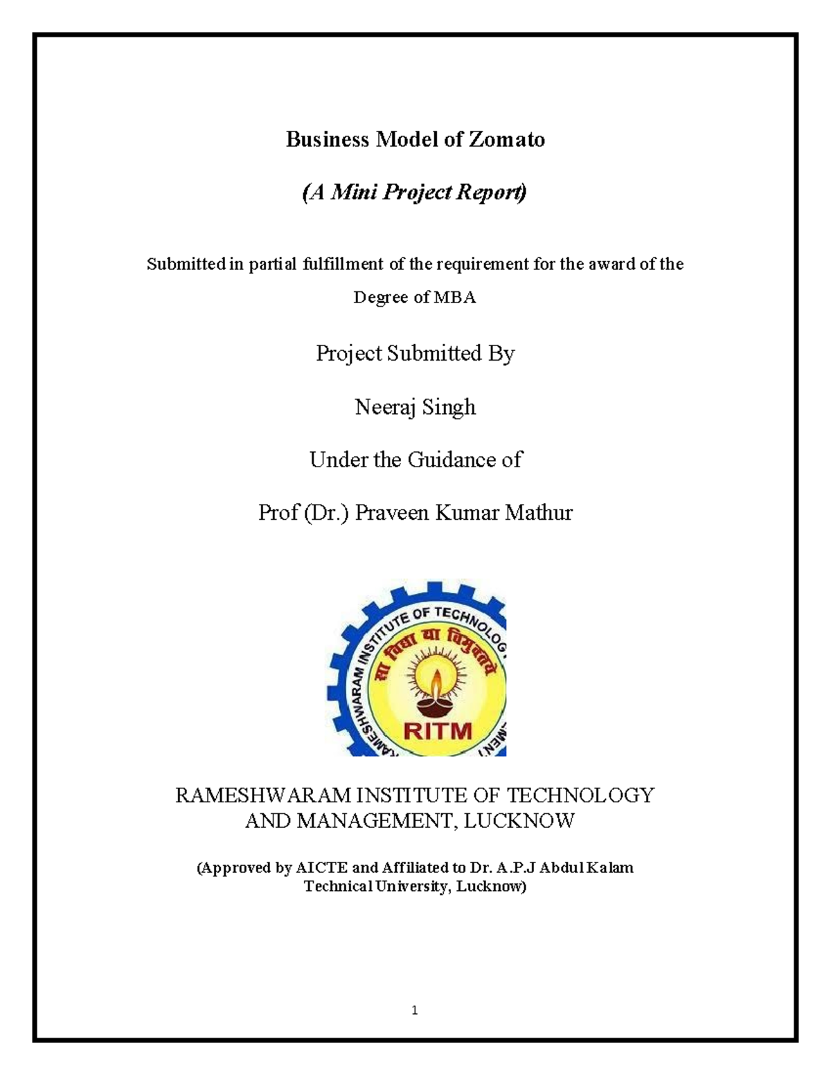MBA Mini Project Report: Business Model Analysis of Zomato - Studocu