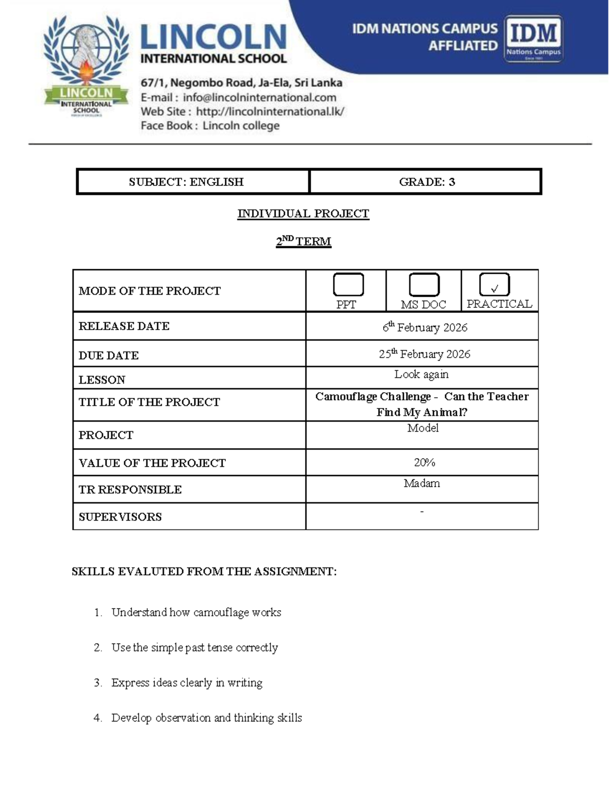 Grade 3 English Individual Project: Camouflage Challenge - Studocu