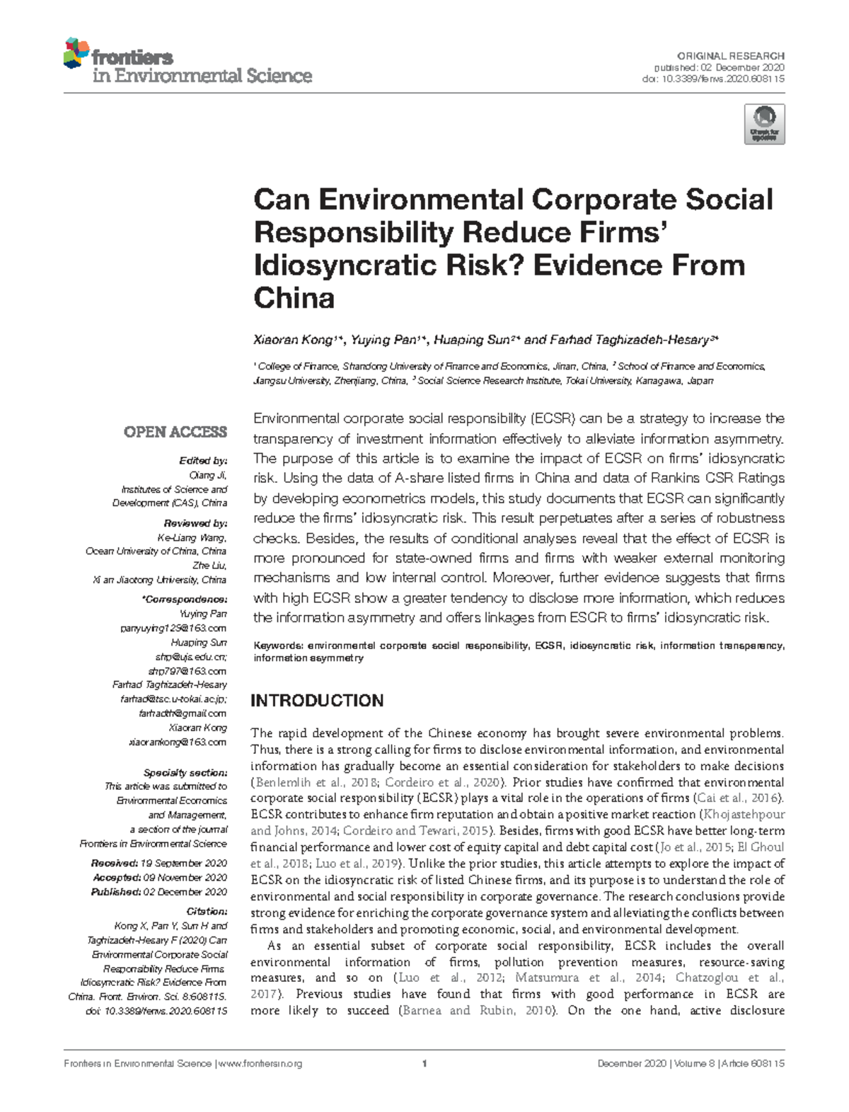 Kong2020: ECSR and Its Impact on Idiosyncratic Risk in China - Studocu